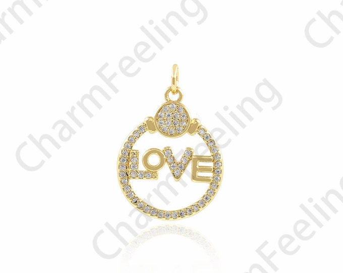 18K Gold Filled Round Pendant,Love Necklace,Micropavé CZ Love Charm, DIY Jewelry Making Accessories, 17.5x25.5x2.3mm