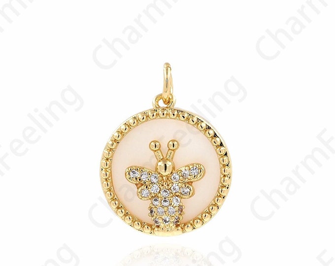 Shell Bee charm,18K Gold Filled Coin Necklace,Micropavé Cubic Zirconia Bee Pendant,Bee King Necklace,DIY Jewelry Component 20.6X15.6X3.6mm