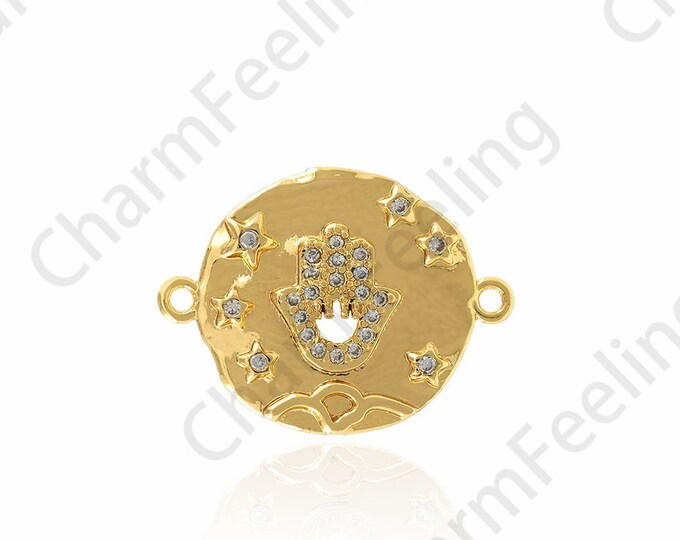 Palm Connector, Circular Connector, Micro-pave CZ Coin Connector, Hamsa Connector, Hamsa Charm, DIY Jewelry Accessories, 23.5x17.5x2mm