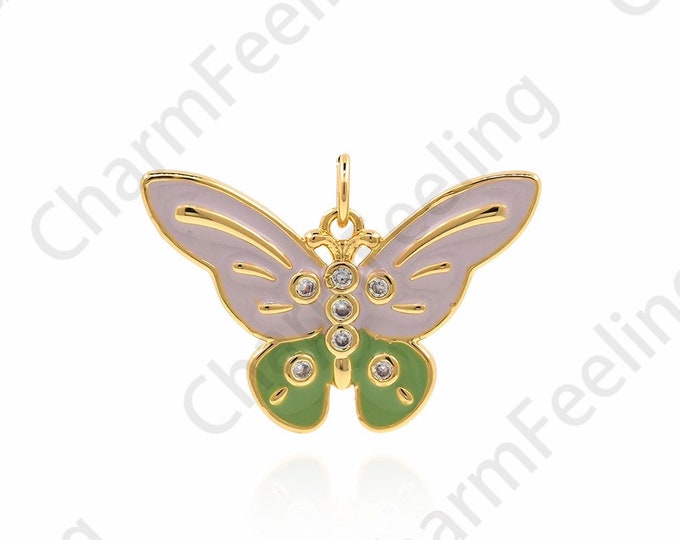 Butterfly Pendant, Insect Necklace,Micropavé CZ Enamel Butterfly Necklace,18K Gold Filled Butterfly Pendant,DIY Jewelry Accessory 14x16x2mm