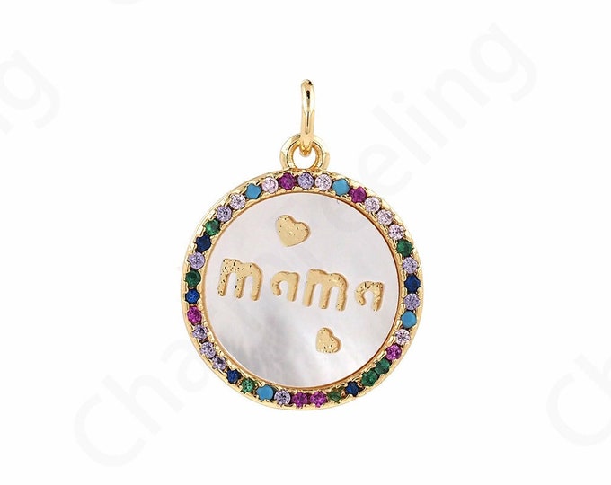 18K Gold Filled Mother's Day Charm, Round Pendant, Micropavé CZ Shell Necklace, Word Necklace, DIY Jewelry Supplies, 21.4x16.2x2.4mm
