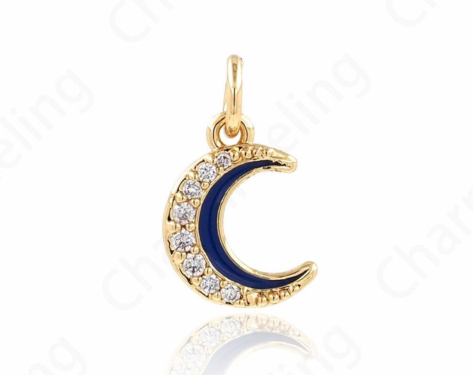 Micropavé CZ Crescent Charm, 18K Gold Filled Moon Pendant, Enamel Charm, Enamel Pendant, DIY Jewelry Accessories, 14.5x8.7x1.7mm