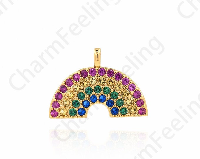 Rainbow Pendant, Micropavé CZ Rainbow Charm, Dainty Necklace, 18K Gold Filled Rainbow Jewelry, DIY Jewelry Supplies, 10.5x14.8x1.5mm