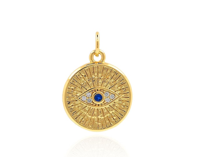 Eye Charm, 18K Gold Filled Round Eye Pendant, Micropavé CZ Eye Necklace, Coin Pendant, DIY Jewelry Accessories, 20x14x2mm