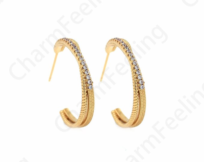 Dainty Earrings, Micropavé CZ Twist Earrings, 18K Gold Filled Round Twist Earrings,Gold Earrings, Earring Charm,27x22x3mm