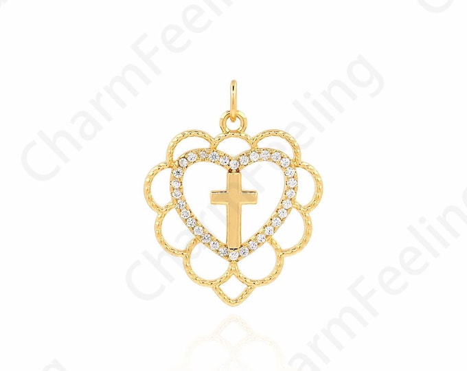 18K Gold Filled Heart Pendant,Cross Necklace,Heart Charm, Religious Charm,Micropavé CZ Christian Charm,DIY Jewelry Supplies,26.5x20.5x2.5mm