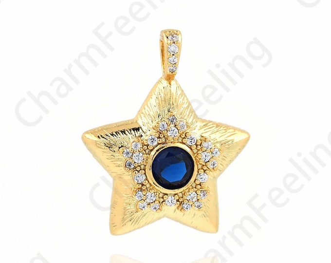 18K Gold Filled Star Necklace, Micropavé CZ Pentagram Pendant, Polaris Charm, DIY Jewelry Supplies,24x19.5x4.9mm