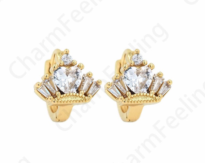 Queen Earrings, Micropavé CZ Crown Earrings, 18K Gold Filled Crown Charm, Round Earrings, Pierced Earrings, DIY Jewelry Supplies,13x15x12mm