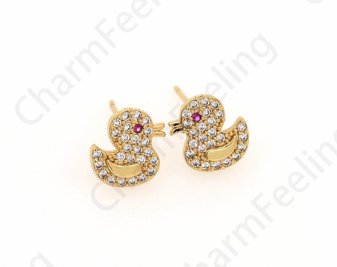 Duck Stud Earrings, Micropavé CZ Animal Earrings, Pierced Earrings, 18K Gold Filled Duck Charm, DIY Jewelry Supplies, 9.5mm