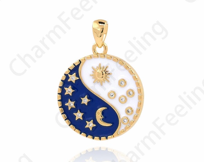 Tai Chi Pendant, Enamel Charm, Sun and Moon Necklace, 18K Gold Filled Round Charm, Taoist Charm, DIY Jewelry Supplies, 24.5x18x1.9mm