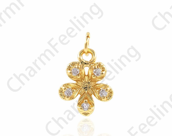 Micropavé CZ Plant Pendant,18K Gold Filled Flower Pendant,Flower Necklace,Plant Charm, DIY Jewelry Making Accessories,11.5x17x4.5mm