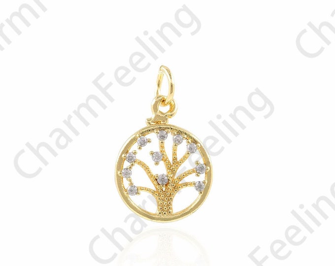 Micropavé CZ Plant Charm, 18K Gold Filled Round Pendant, Tree Of Life Necklace, Tree Of Life Charm, DIY Jewelry Accessories,12x17x2.3mm