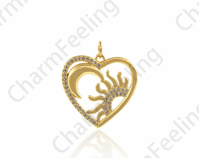 18K Gold Filled Heart Pendant,Moon Pendant,Sun Pendant,Micropavé CZ Celestial Necklace,Love Charm,DIY Jewelry Accessories,21.5x23.5x2.3mm