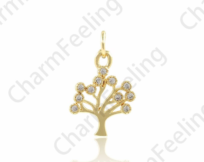 18K Gold Filled Tree of Life Pendant,Tree of Life Necklace, Charm of The Tree of Life, Micropavé CZ Plant Pendant, 12.5x19x1.5mm