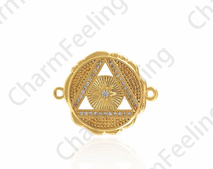 18K Gold Filled Pyramid Connector,Circular Connector, Micro-pavé CZ Egyptian Charm, Pyramid Charm, Eye Connector, 24.5x19.5x2.5mm