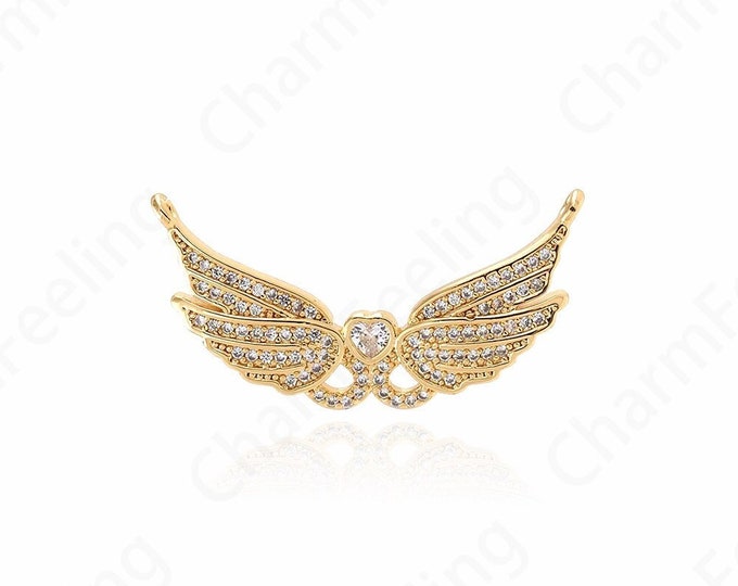 Angel Necklace, Wings Pendant, Micropavé CZ Flying Charm, 18K Gold Filled Angel Charm, DIY Jewelry Supplies, 33x17x3mm