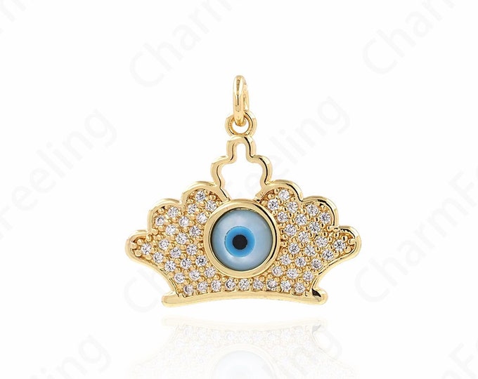 18K Gold Filled Crown Necklace, Micropavé CZ Crown Eye Pendant, King Charm,Eye Charm,DIY Jewelry Supplies, 22.5x23.5x3.5mm