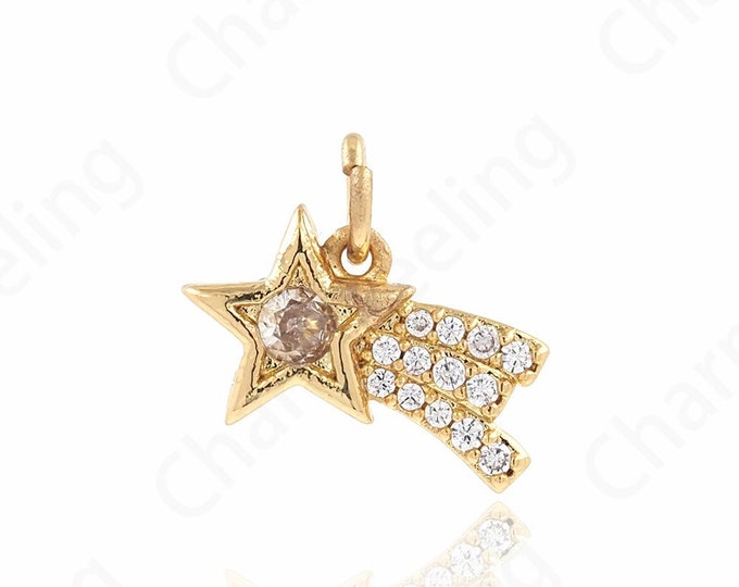 Meteor Pendant, Micropavé CZ Pentacle Pendant, 18K Gold Filled Pentagram Charm, Meteor Necklace, DIY Jewelry Supplies, 14.5x9x2.5mm