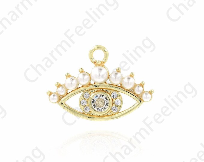 Micropavé CZ Devil's Eye Pendant,Pearl Charms,18K Gold Filled Eye Necklace, Lucky Eye Charm, DIY Jewelry Supplies, 23.5x16.5x5mm