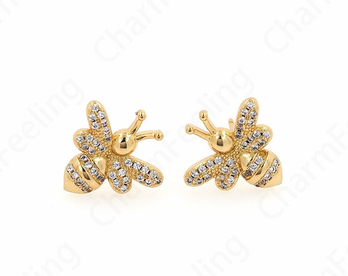 1 pair,Gold Earrings, Bee Charm, Insect Earrings,Bee Earrings, Bee Stud Earrings, Insect Earrings, Insect Studs, 14.6x14.6x2.5mm