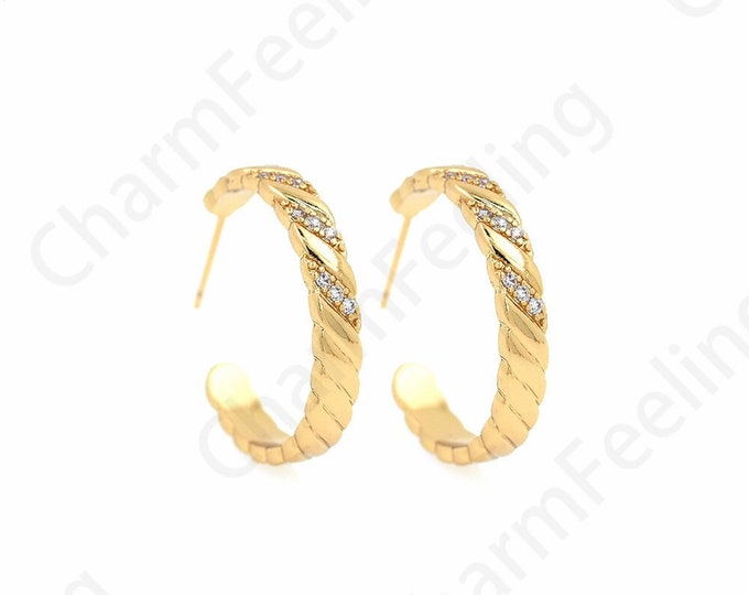 Gold Earrings, Micropavé CZ Twist Earrings, 18K Gold Filled Round Twist Earrings, Hollow Earrings, Earring Charm,22x22x3.7mm