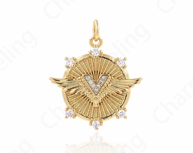 Micropavé CZ Angel Wing Necklace, 18K Gold Filled Round Wing Pendant, Wing Charm, Round Charm, DIY Jewelry Making 24.5x21.2x3mm
