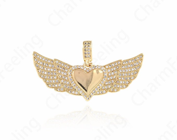 Heart Charm, Micropavé CZ Angel Heart Pendant, Heart Necklace, Angel Charm, Love Necklace, DIY Jewelry Making Accessories 40x21.5x2.5mm