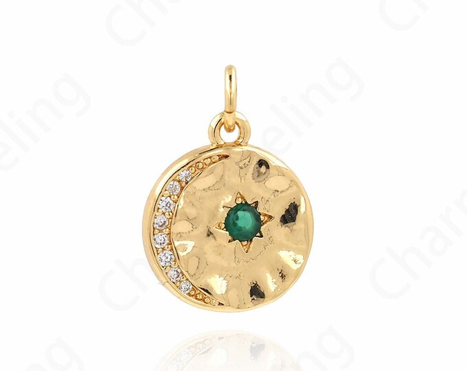 18K Gold Crescent Shape Round Disc Charm Gold Moon and Star Pendant,Crescent Necklace Round Pendant 17.6x13x1.7mm