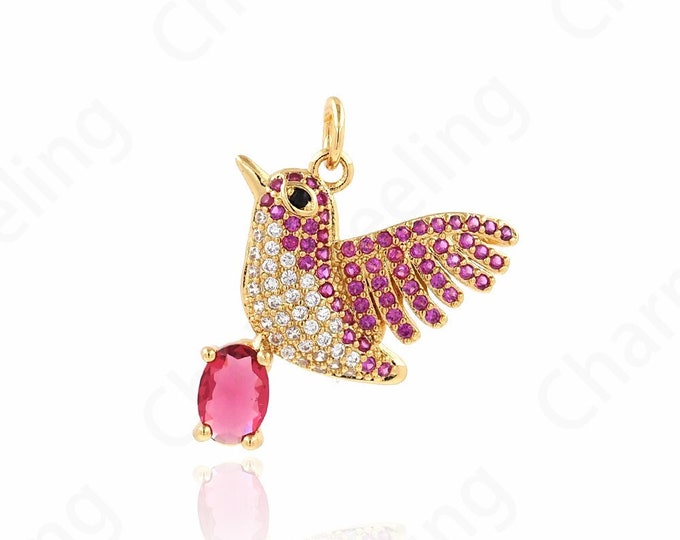 Animal Charm,Bird Charm,Animal Pendant, 18K Gold Filled Bird Pendant, Hummingbird Necklace,Micropavé Cubic Zirconia Jewelry 24x20x3.5mm