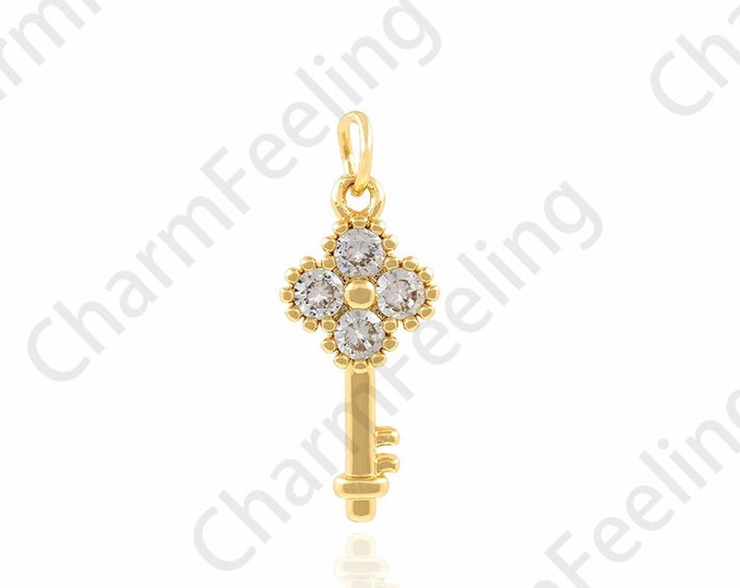 Key Pendant, Micropavé CZ Key Necklace, 18K Gold Filled Key Charm, Used for DIY Jewelry Making Accessories, 9.5x23.5x3mm
