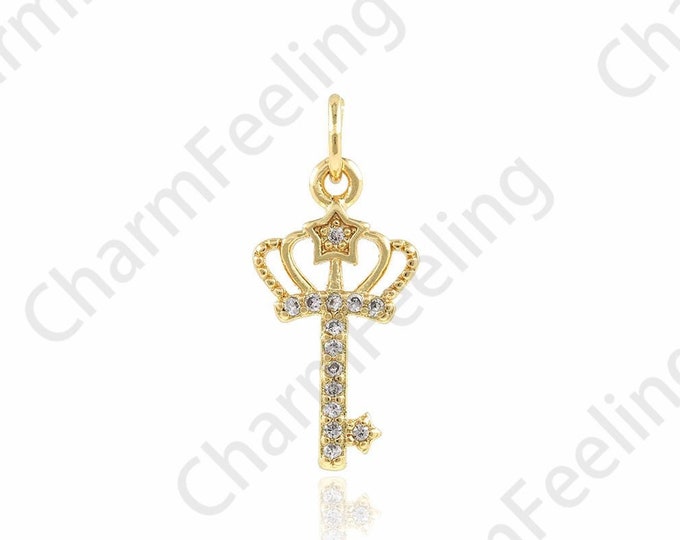 Crown Key Pendant, Micropavé CZ Key Necklace, 18K Gold Filled Key Charm, Used for DIY Jewelry Making Accessories, 9.5x20x1.5mm