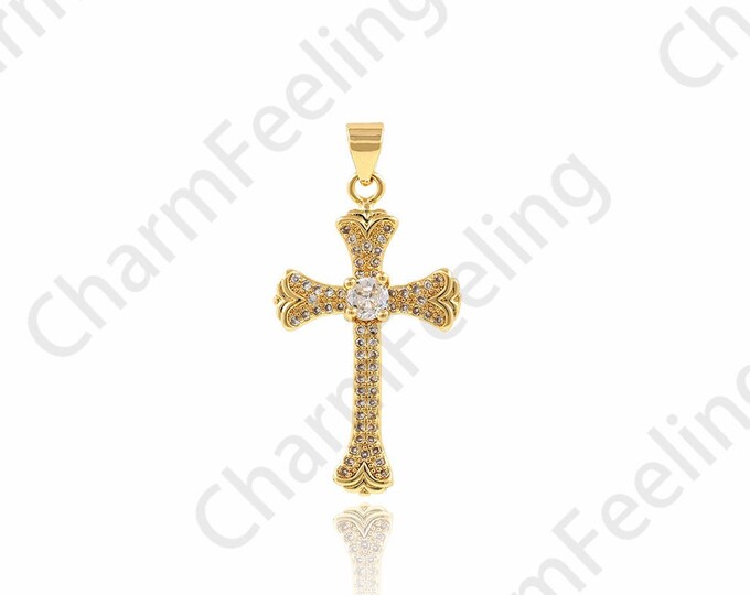 Micropavé CZ Cross Necklace,Religious Charm,Cross Charm,18K Gold Filled Cross Pendant,Christian Charm,DIY Jewelry Accessories,18x35.5x4mm