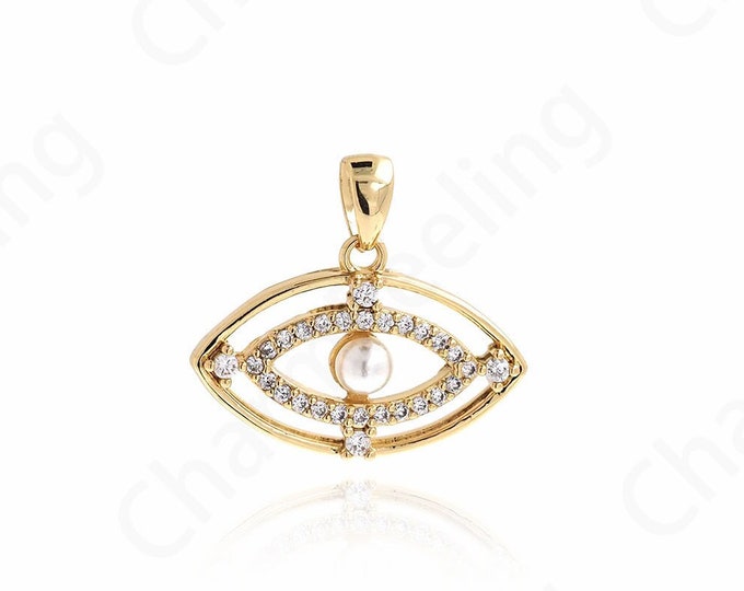 18K Gold Filled Pearl Charm,Eye Necklace, Lucky Eye Charm, Micropavé CZ Devil's Eye Pendant,DIY Jewelry Supplies, 18x20x4mm