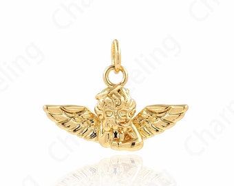 Wings Charm, Cupid Pendant, 18K Gold Filled Angel Charm, Flying Necklace, DIY Jewelry Supplies,15.5x22x5.2mm