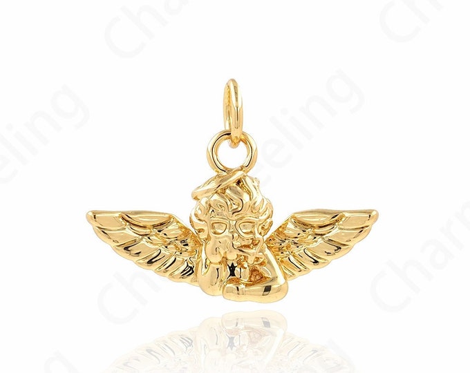 Wings Charm, Cupid Pendant, 18K Gold Filled Angel Charm, Flying Necklace, DIY Jewelry Supplies,15.5x22x5.2mm