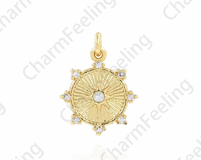 Round Coin Pendant, Micropavé CZ Sunshine Pendant, 18K Gold Filled Sun Necklace, Sun Charm, DIY Jewelry Accessories 13x17x2mm