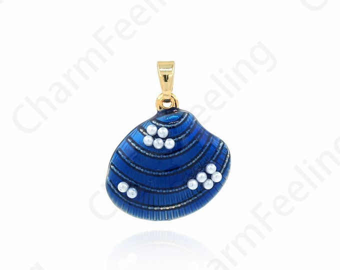 Micropavé CZ Enamel Pearl Charm, Enamel Pearl Pendant, Clam Necklace, 18K Gold Filled Shell Pendant, Pearl Pendant, Clam Charm, 24x19x10mm