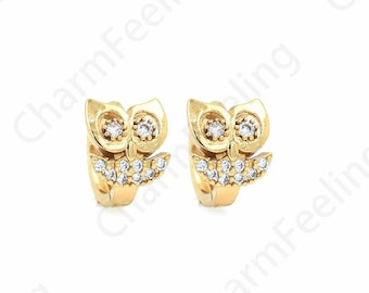 Pendientes de búho, Micropavé CZ Owl Charm, Pendientes De Pájaro, Pendientes Redondos Rellenos De Oro de 18K, Pendientes Perforados, Suministros De Joyería De Bricolaje, 13x14x10mm