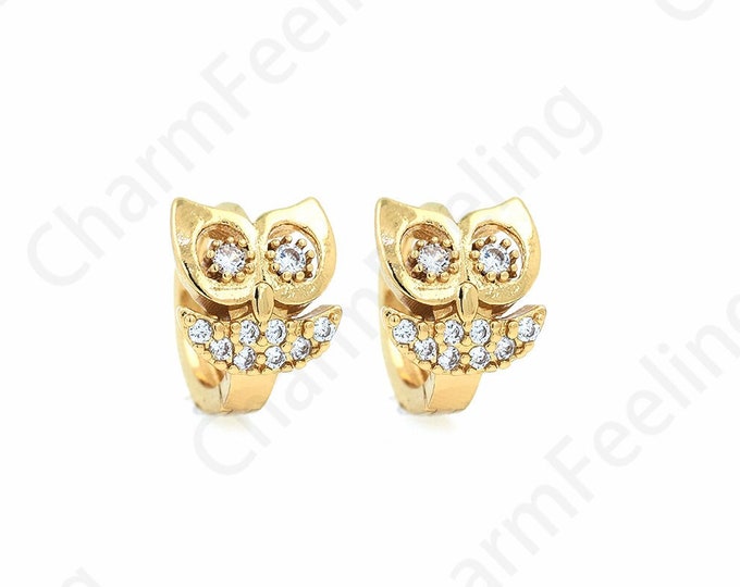 Owl Earrings, Micropavé CZ Owl Charm, Bird Earrings, 18K Gold Filled Round Earrings, Pierced Earrings, DIY Jewelry Supplies, 13x14x10mm