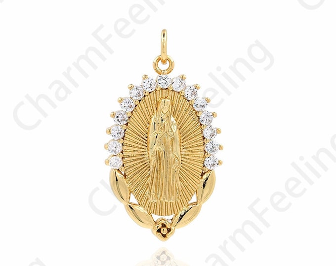 Virgin Necklace, 18K Gold Filled Virgin Mary Pendant, Micropavé Cubic Zirconia Strip Pendant, DIY Jewelry Components 31x17x2.8mm