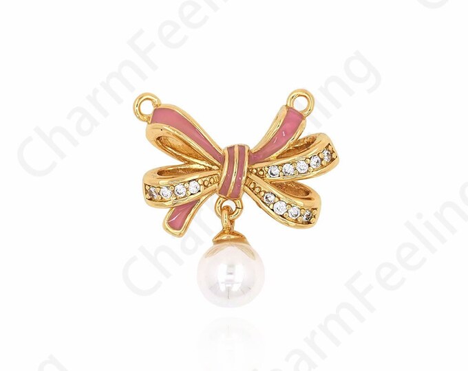 Micropavé CZ Dainty Necklace, Bow Pendant, Pearl Pendant, Knot Charm, 18K Gold Filled Jewelry Charm, DIY Jewelry Supplies, 19x17x5mm