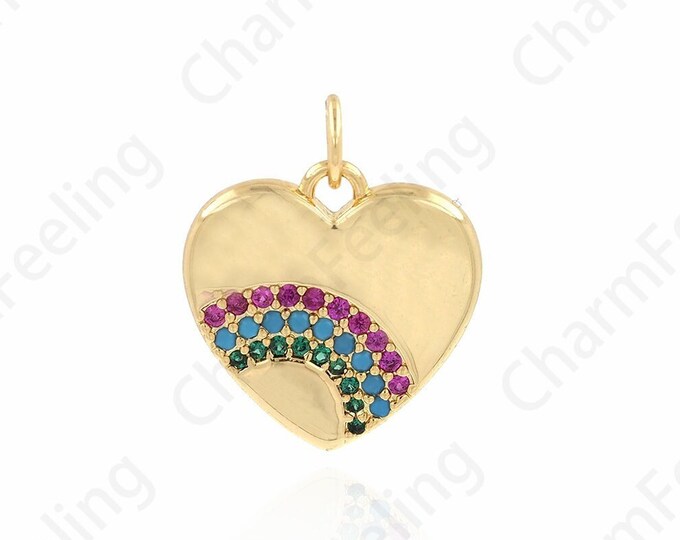 Rainbow Heart-Shaped Necklace, Micropavé CZ Rainbow Charm, 18K Gold Filled Love Pendant,DIY Jewelry Accessories,16.2x18.6x2mm