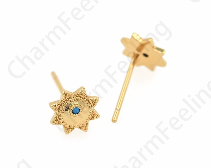 Sun Earrings, Micropavé CZ Sun Stud Earrings, 18K Gold Filled Round Earrings, Sunshine Charm, DIY Jewelry Supplies, 7x7mm