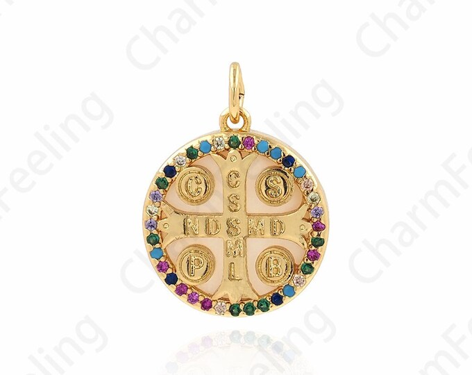 Shell Charm,Micropavé CZ Round Charm, Saint Benedict Pendant, 18K Gold Filled Religious Pendant, DIY Jewelry Supplies,20.6X15.6X3.6mm