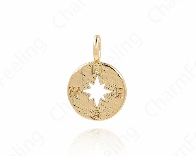 Compass Charm, Round Necklace, 18K Gold Filled Polaris Necklace, Star Charm, DIY Jewelry Supplies, 17.5x12x1.3mm