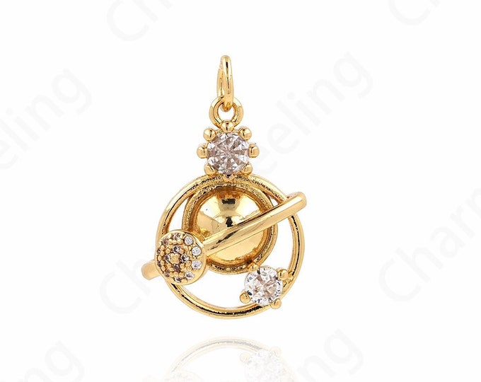Micropavé CZ Saturn Charm, 18K Gold Filled Planet Charm, Planet Pendant, Saturn Necklace, DIY Jewelry Accessories, 23.7x15x7.3mm