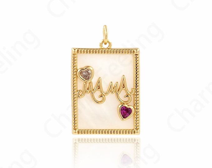 Square Pendant, Micropavé CZ Shell Necklace, 18K Gold Filled Mother's Day Charm, Word Necklace, DIY Jewelry Supplies, 24.2x17.5x3.4mm