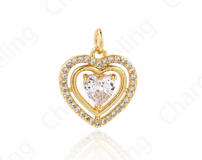 Love Charm, Micropavé CZ Love Necklace, 18K Gold Filled Crystal Heart Pendant, Crystal Charm, DIY Jewelry Accessories,19x15.4x4mm