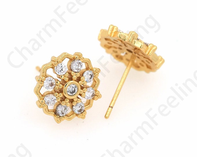 Micropavé CZ Earring Accessories, 18K Gold Filled Pierced Earrings, Round Earrings, Earring Charm, DIY Earring Accessories，15.5x15.5mm
