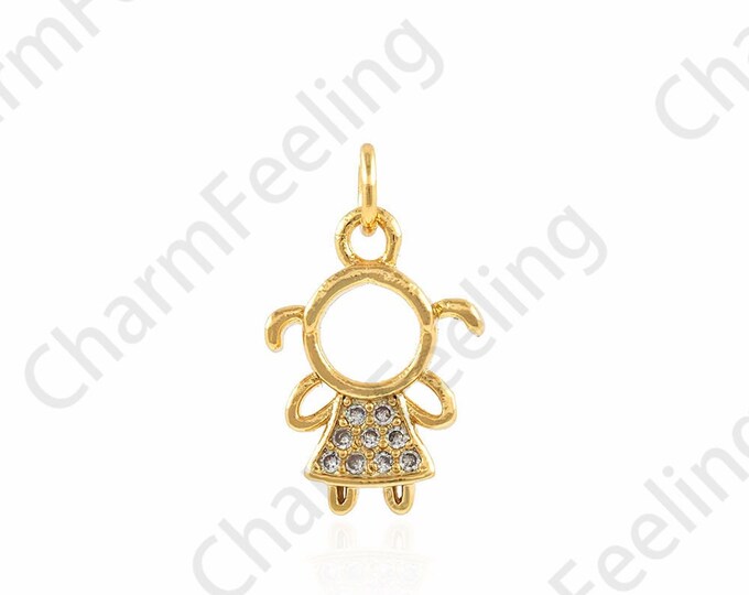 Girl Pendant,Micropavé CZ Character Necklace,Girl Necklace,Mother's Gift,18K Gold Filled Character Necklace,9.5x15x2mm